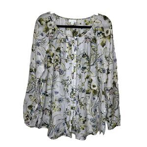 J Jill Blouse Top Women's Large Blue Purple Floral Silk Blend Boho Peasant